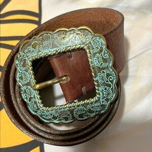 Wilson Brown Leather Belt with Gold Blue Antiqued Western Style Buckle